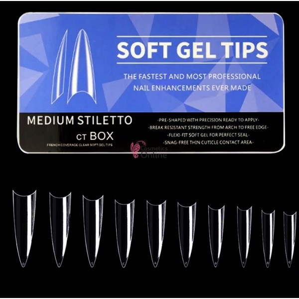 Tipsuri Soft Gel Tips Full Cover 600 bucati Transparente Cod TPS103GG Stiletto medii